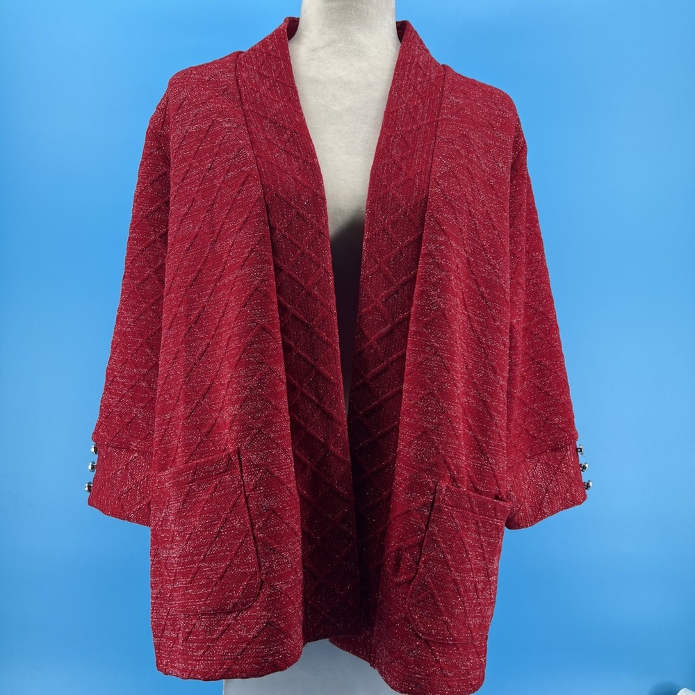 Women's Red Knit Cardigan Open Front Sweater 3/4 Sleeves Ribbed Cuffs Petite Lg